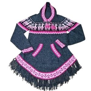 Ecologic Arts Peruvian Alpaca Fringed Tunic Hoodie Gray Tribal Jrs Lg Woman XS